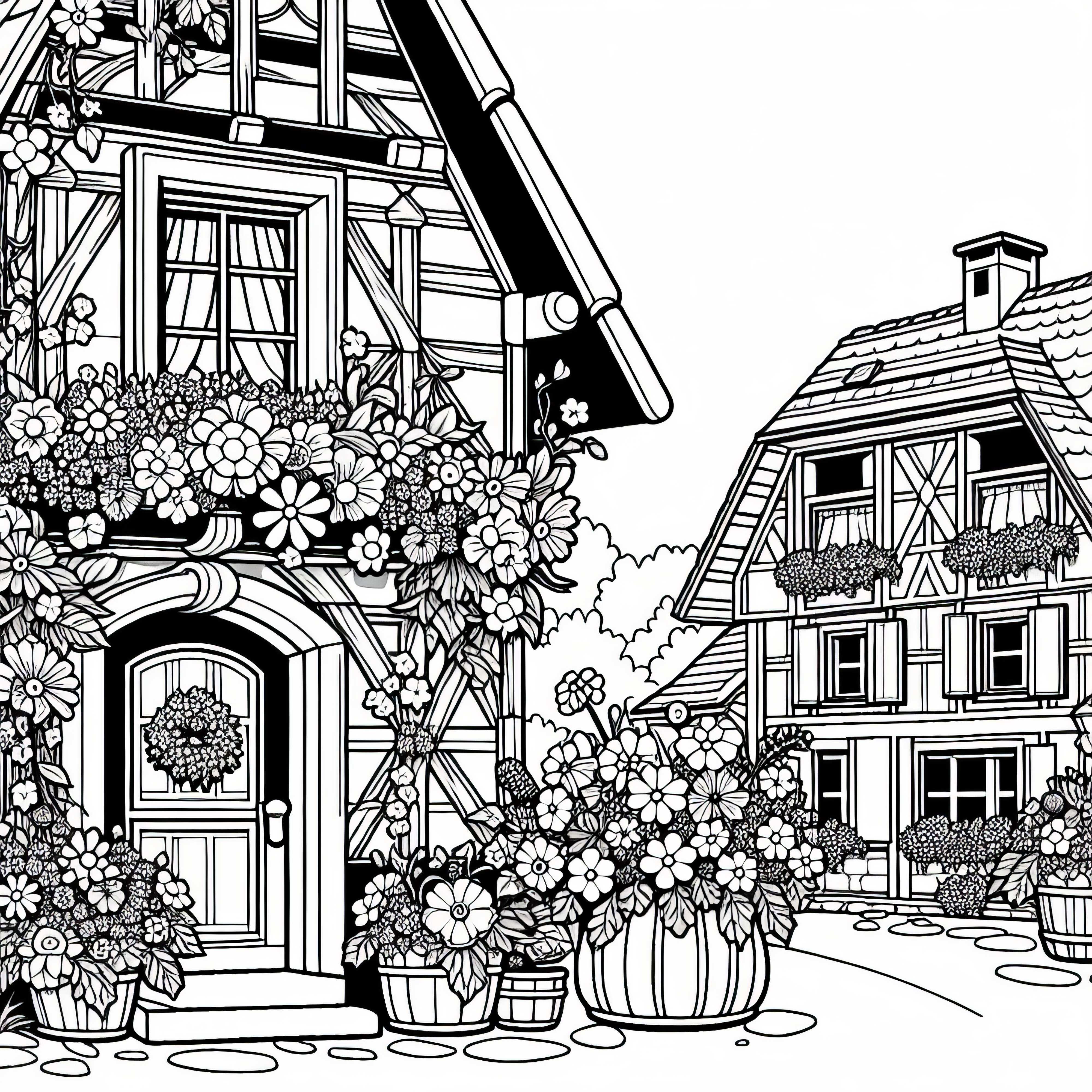 Малки фахверкови къщи с цветя пред прозорците в село - безплатна оцветяваща страница Малки сглобяеми къщи с цветя пред прозорците в едно село - Безплатен шаблон за оцветяване