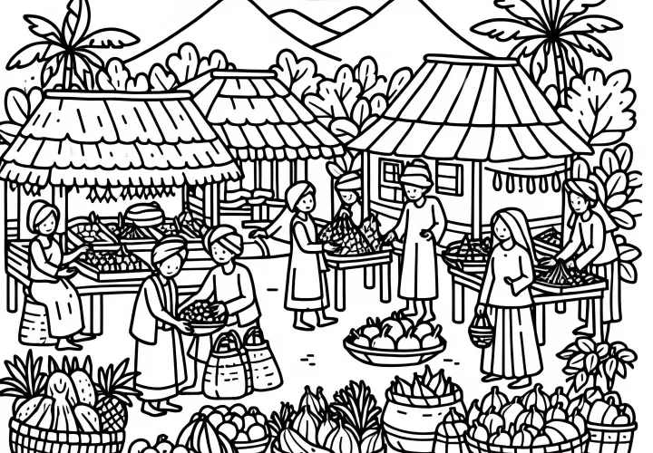 Villagers at the market – Free coloring page