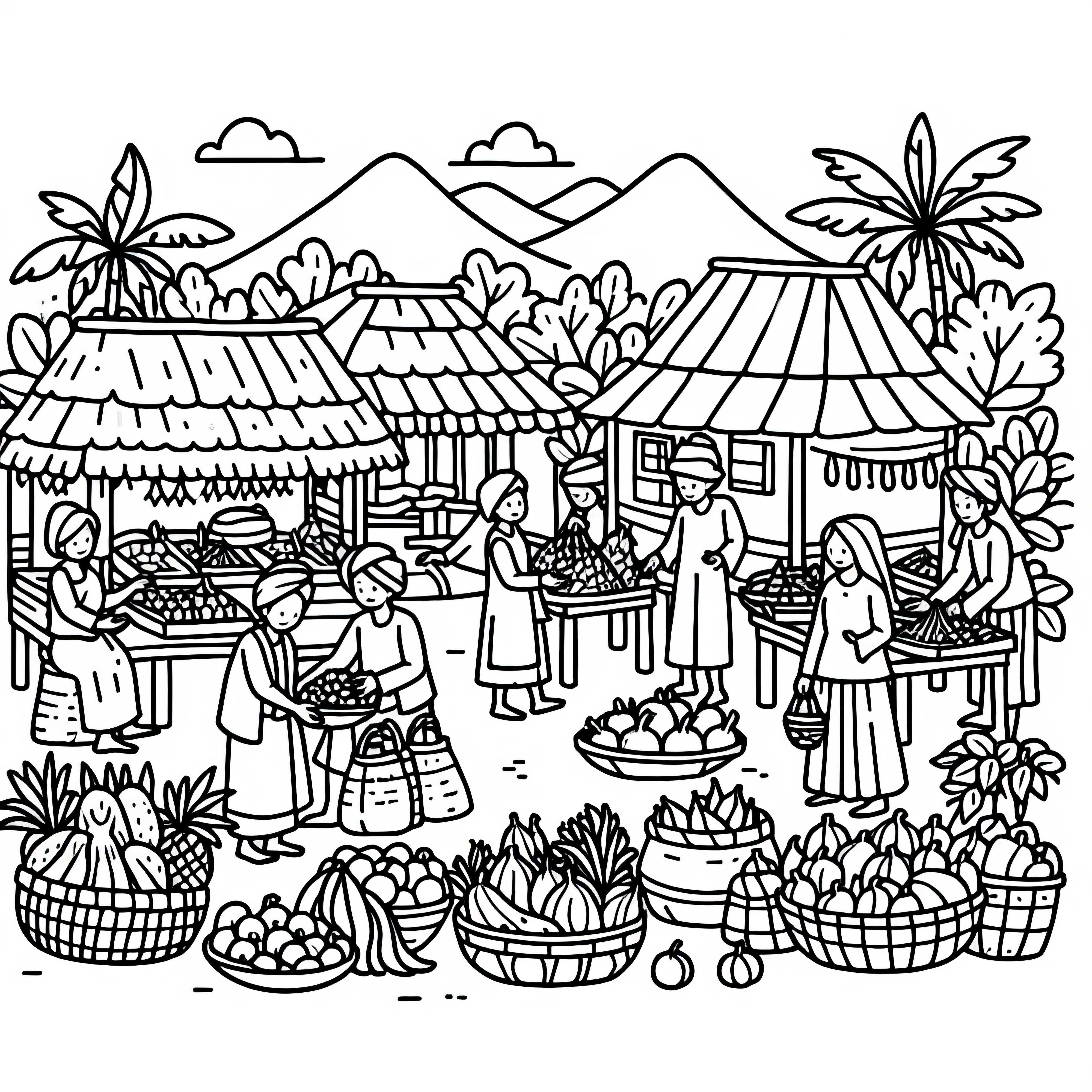 Селски жители на пазара – безплатна цветна страница Селски жители на пазара - безплатен шаблон за оцветяване