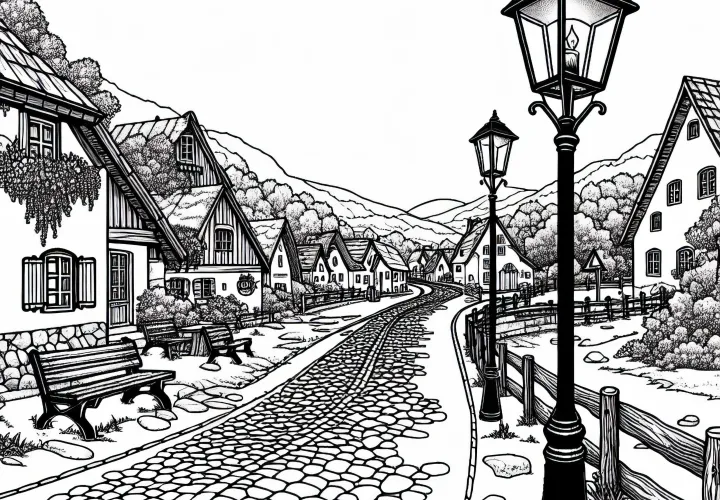 Dorstraße with cobblestones and lanterns - free coloring page