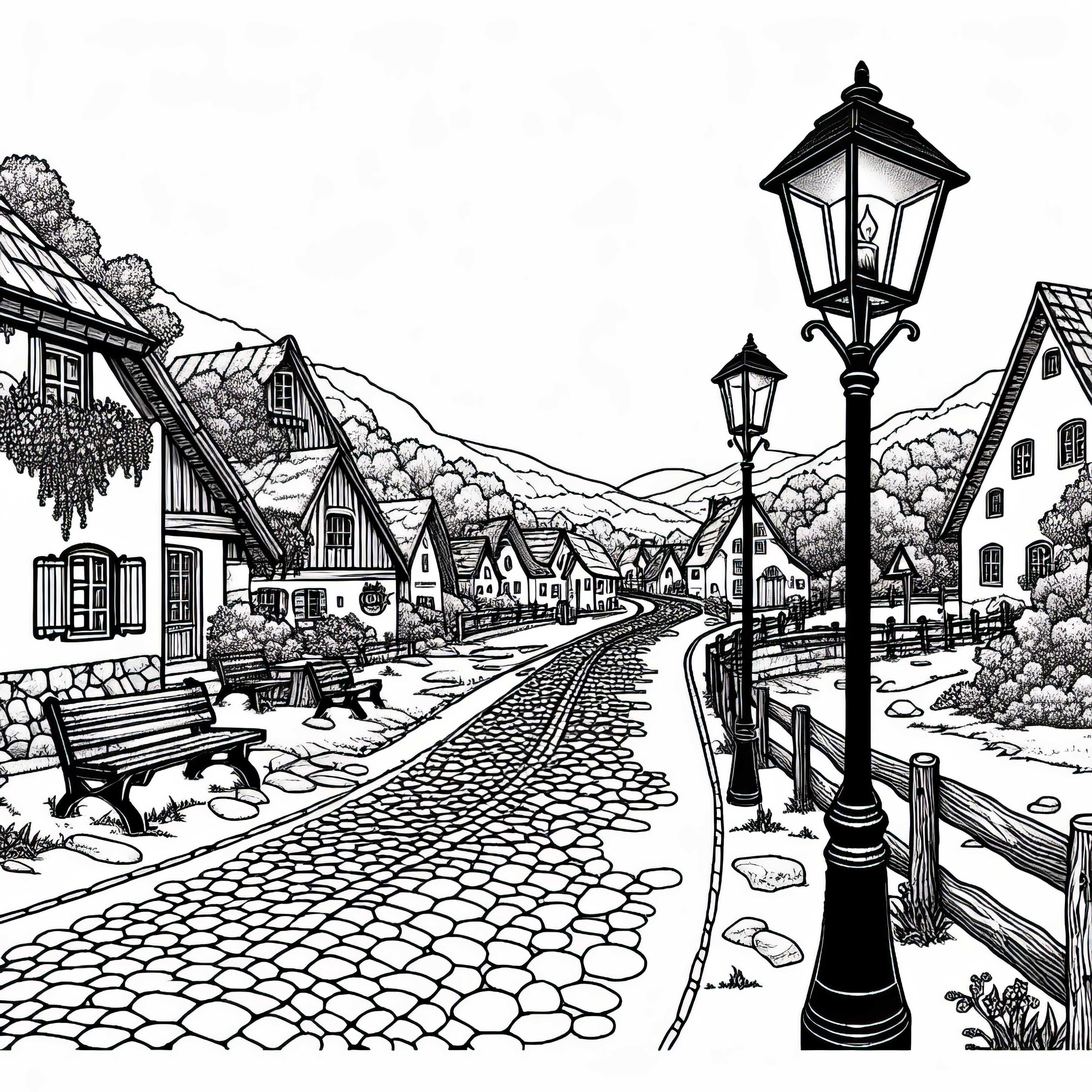 Дорстрасe с калдъръм и фенери – безплатен шаблон за оцветяване Дорс Straßen с каменна настилка и фенери – безплатна шаблон за рисуване