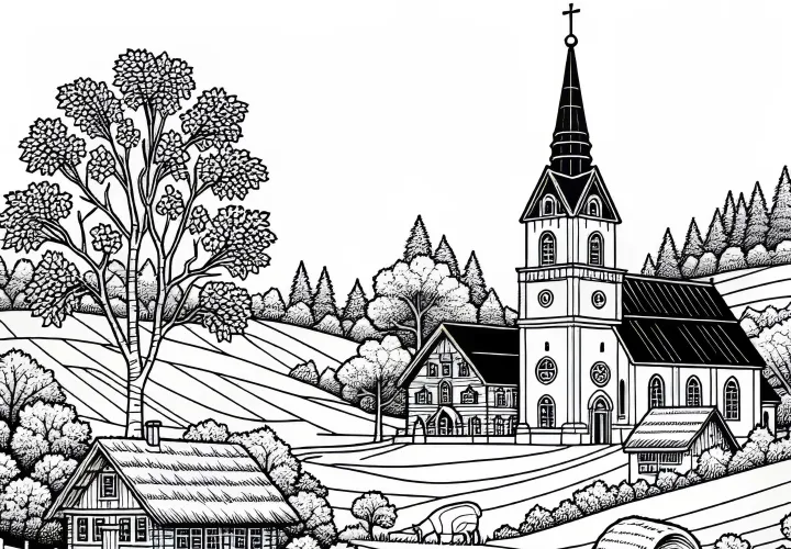 Church with bell tower in the center of the village - free coloring page