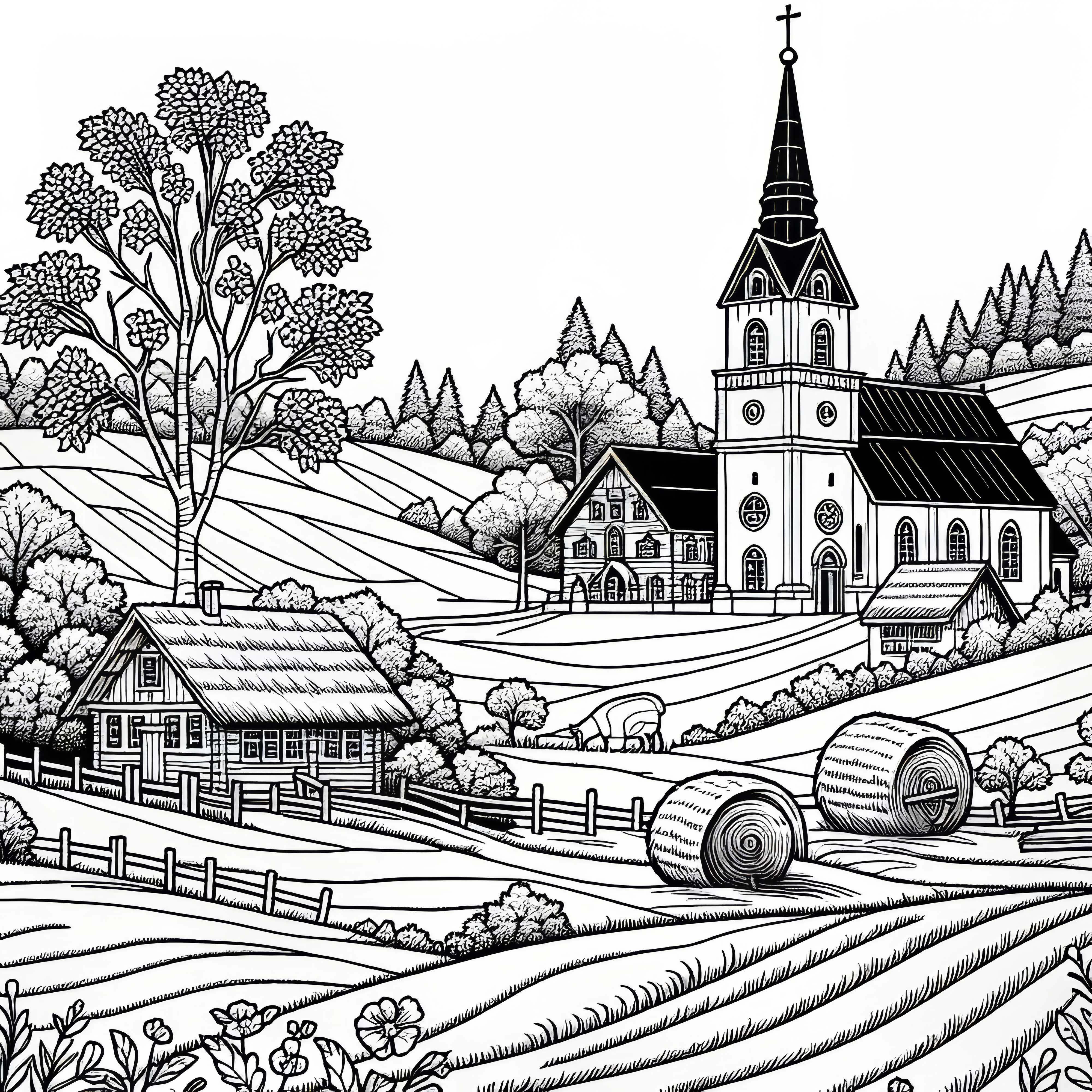 Църква с Камбанария в центъра на селото – безплатна оцветяваща страница Църква с камбанария в центъра на селото – безплатна оцветявка