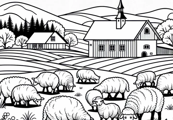 Sheep in a meadow with a farmhouse in the background - Free coloring page of a rural landscape