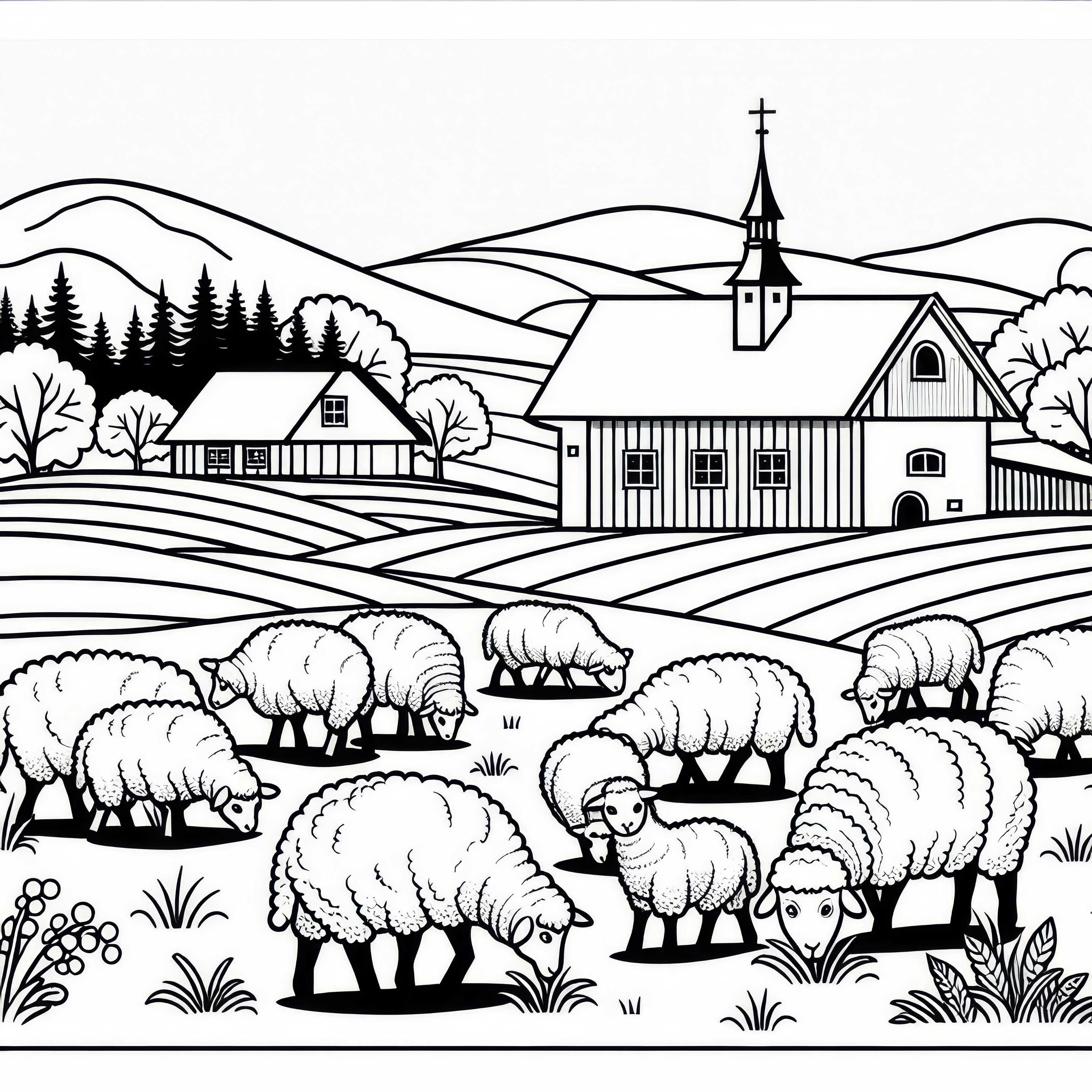 Овце на пасище с ферма на фона – Безплатна детска рисунка на селски пейзаж Овце на поляна с ферма на заден план – безплатна бойна картина на селски пейзаж