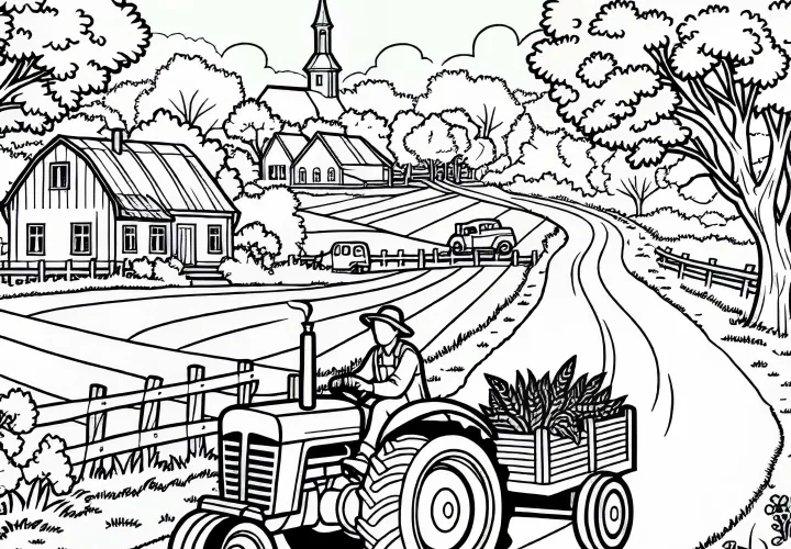 Farmer drives tractor over dirt road – Free coloring page