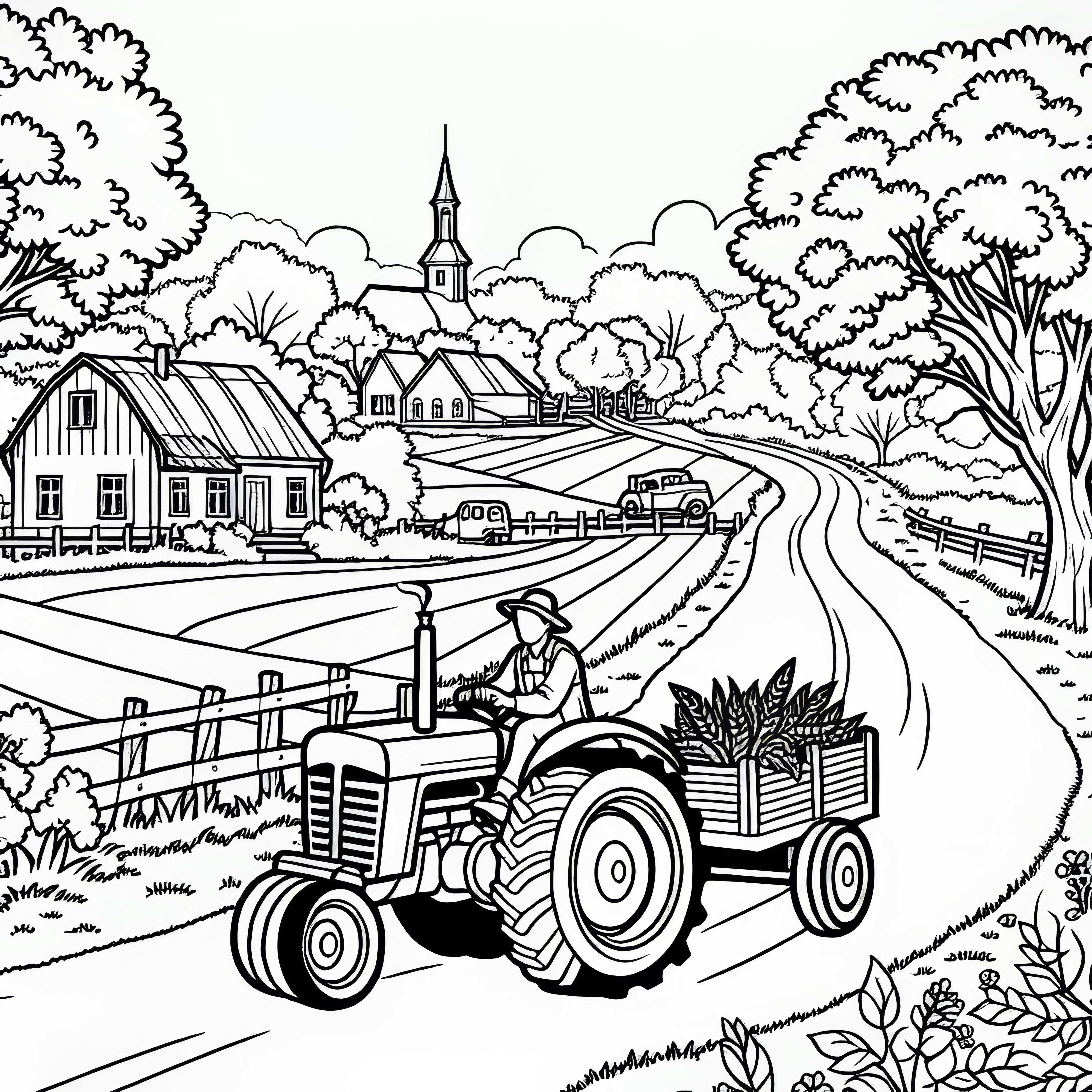 Фермерът кара трактор по полския път - безплатна оцветяваща книга Фермерът кара трактор по полската пътека - безплатна картина за оцветяване