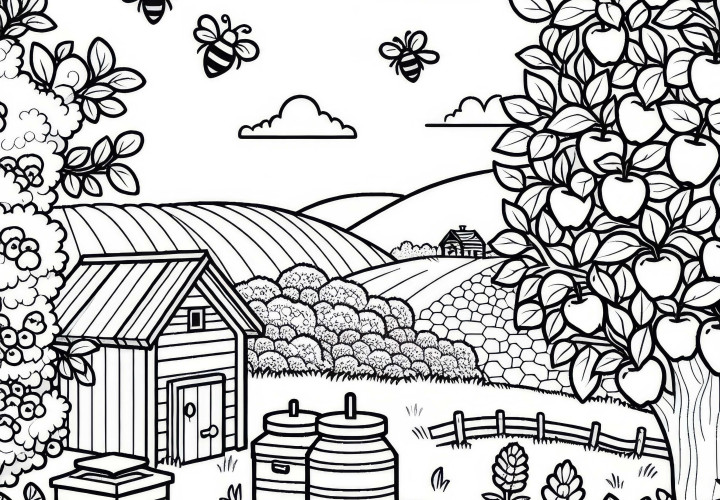 Дървесна градина с пчелни кошери - Оцветяваща страница от селски пейзаж