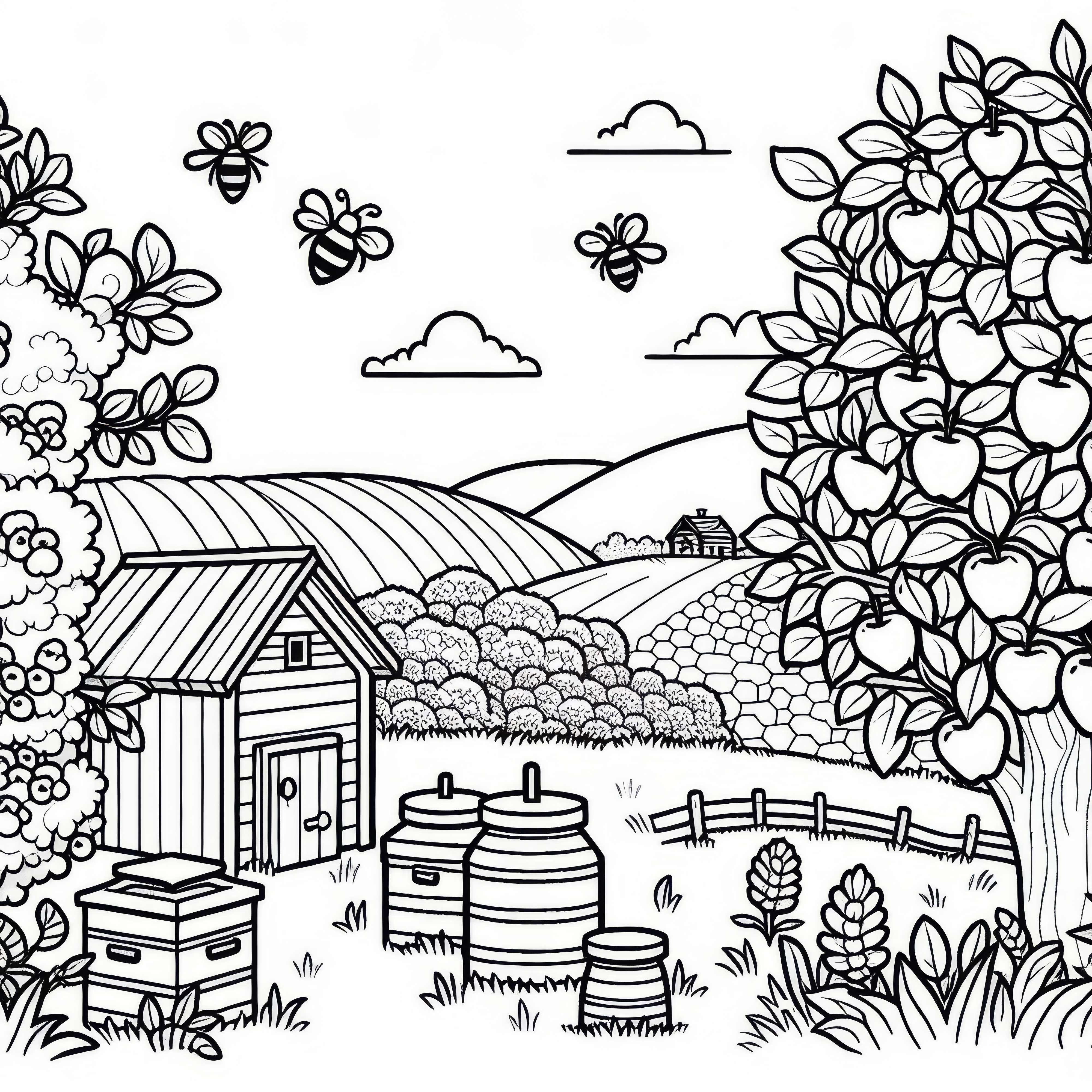 Ябълкови градини с пчелни кошери - оцветяваща страница от селска местност Ябълкова градина с пчелни кошери - Чернова за оцветяване от селска местност