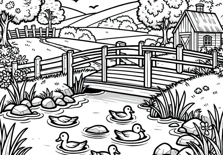 Little bridge over a stream with ducks - free coloring page