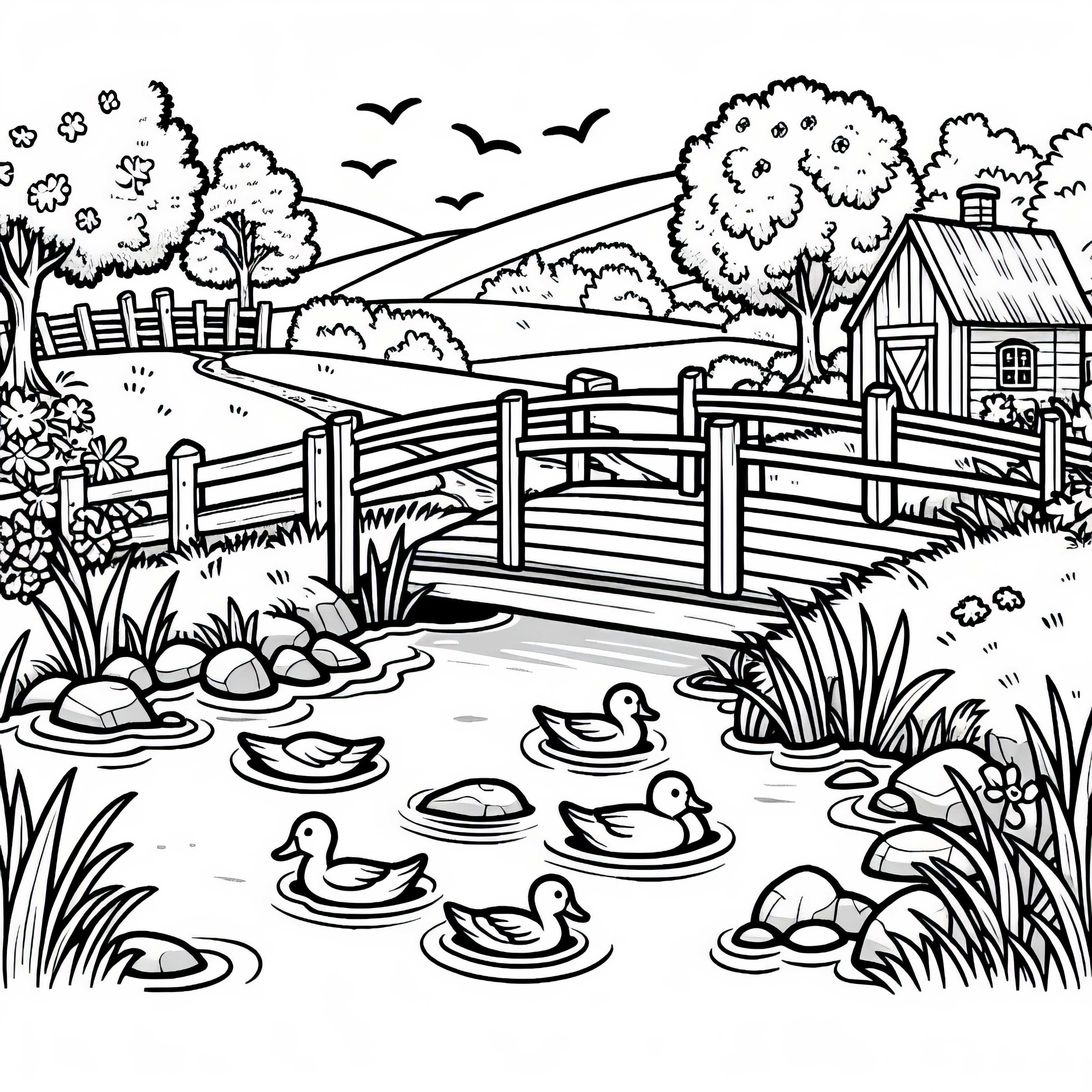 Мостче над река с патета - безплатна рисунка за оцветяване Малък мост над ручей с патици – безплатна оцветявка