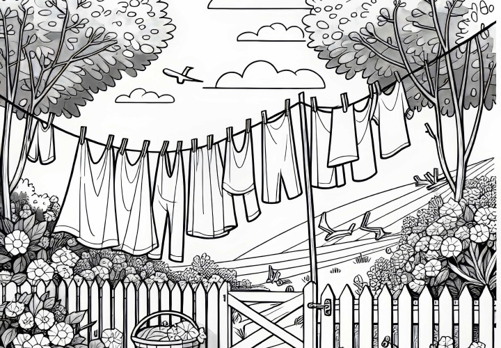 Малка рисунка на селски пейзаж с въжета за пране и рокли на вятъра в градината - Безплатен за оцветяване