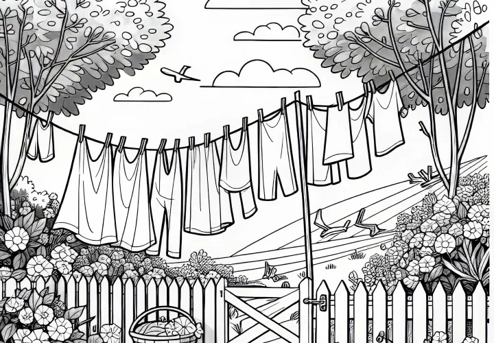 Clothesline with dresses in the wind in the garden - Coloring page village landscape free