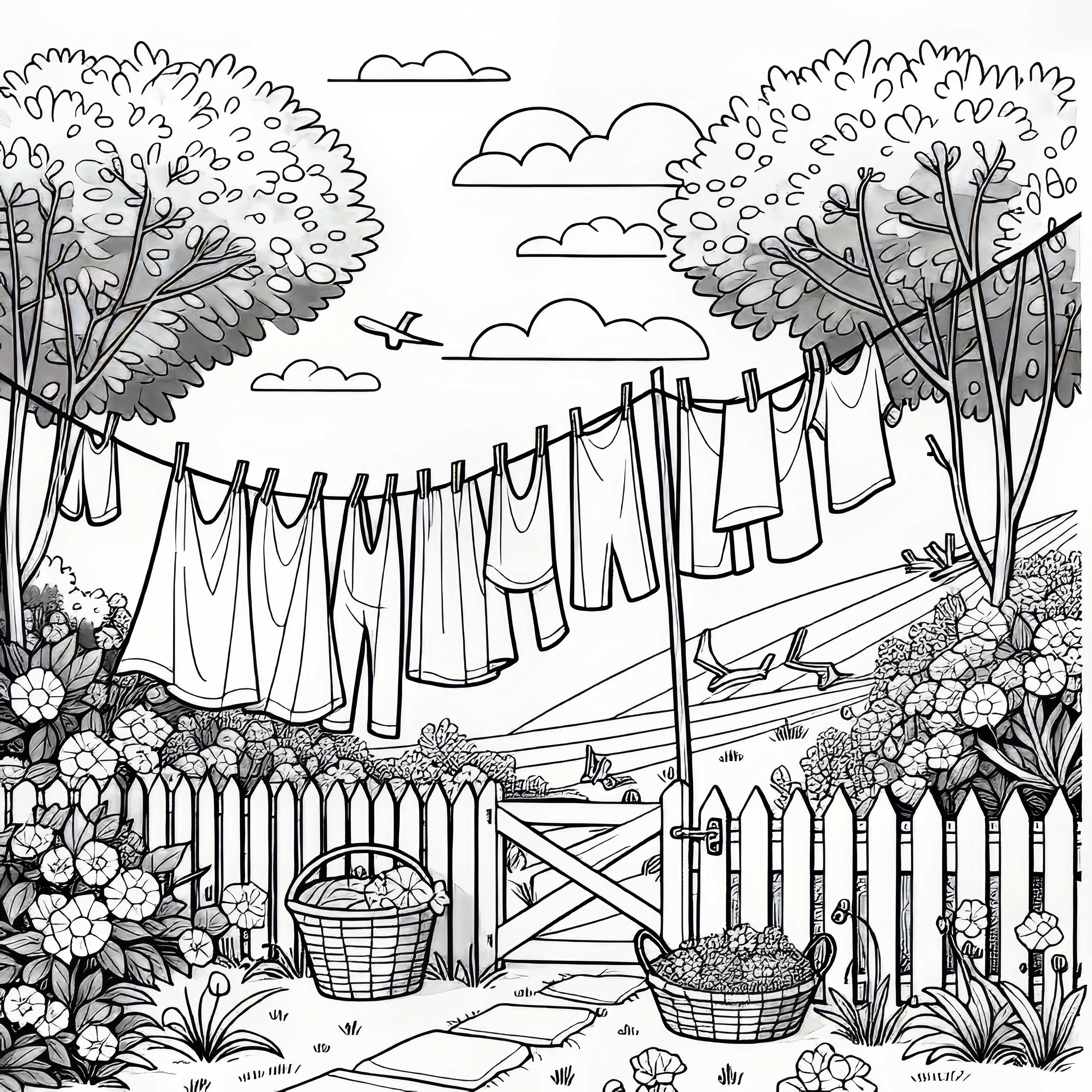 Въже за пране с дрехи на вятъра в градината - Оцветяваща картина на селски пейзаж безплатно Въженце за пране с рокли на вятъра в градината - Оцветяваща картина с селски пейзаж безплатно