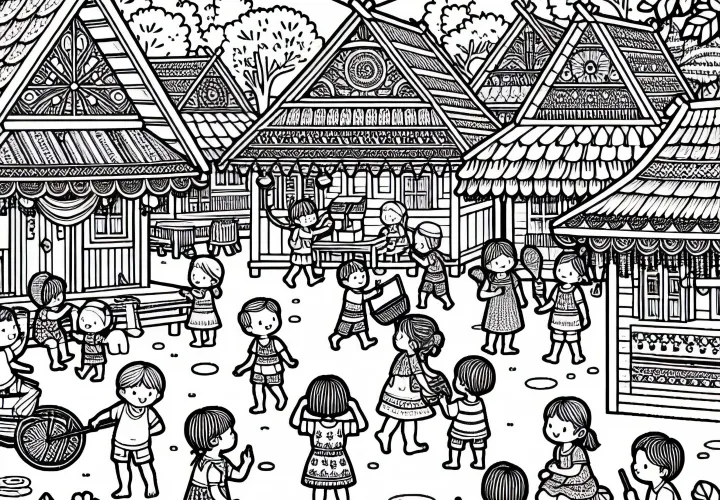 Children on the marketplace in village coloring template free