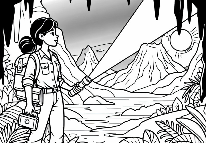 Esploratrice con torcia nella caverna – Disegno da colorare gratuito
