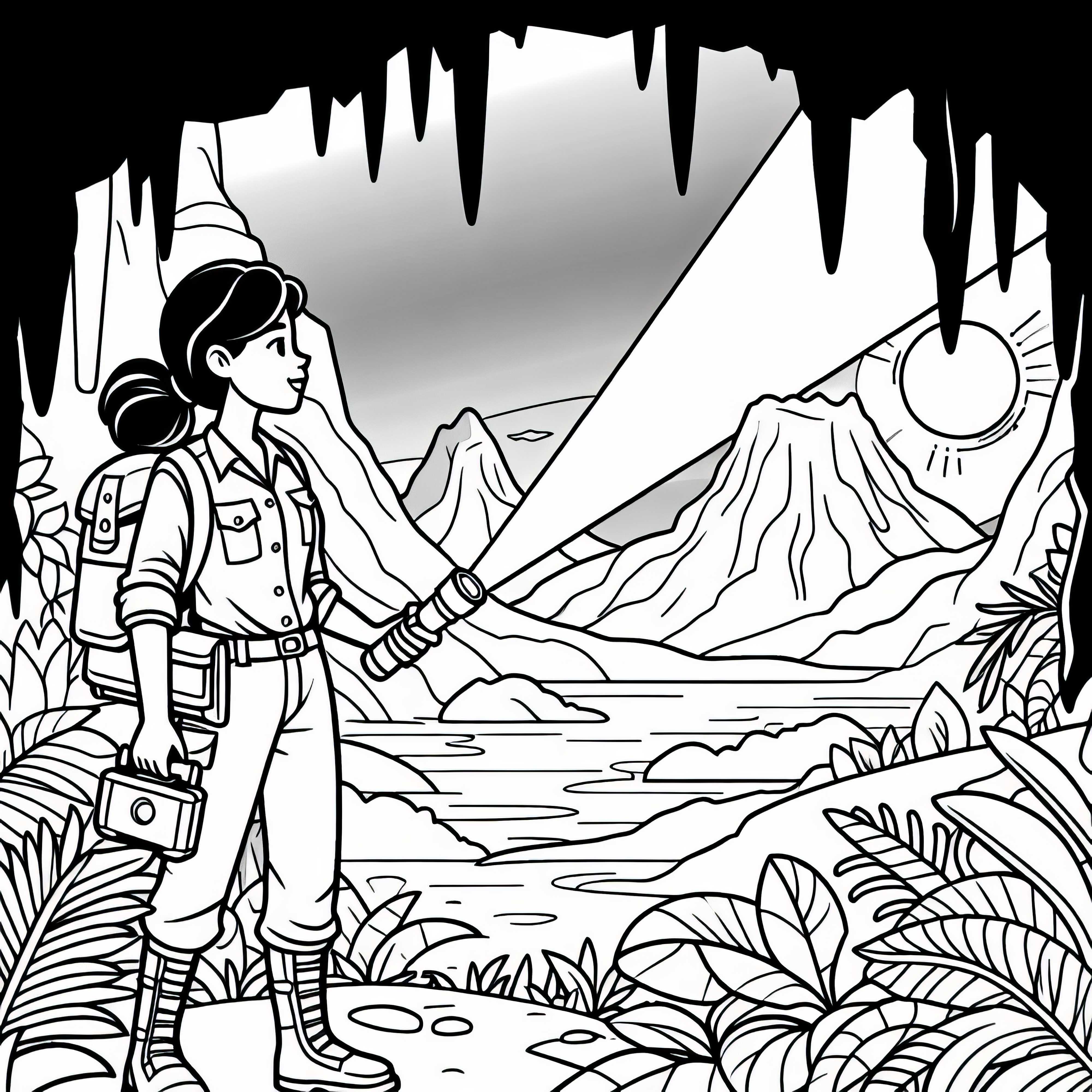 Esploratrice con torcia nella caverna - Modello da colorare gratuito