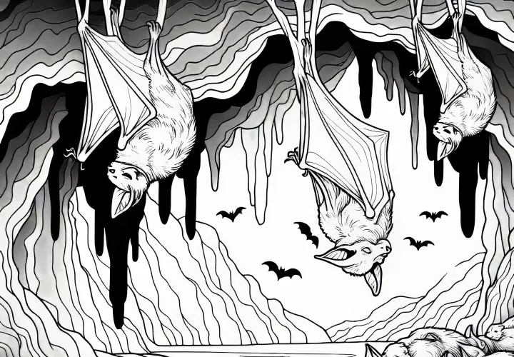 Bats sleep upside down in the cave – Free coloring page