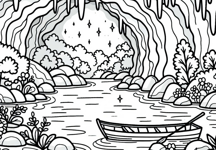 Unterirdischer Fluss mit Boot in Höhle – Ausmalbild kostenlos