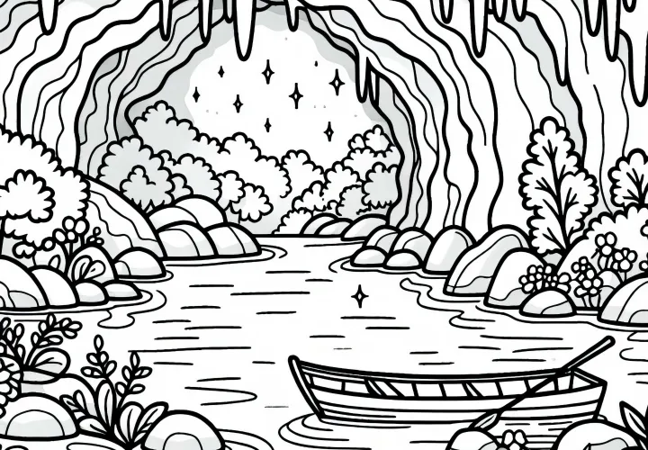 Unterirdischer Fluss mit Boot in Höhle – Ausmalbild kostenlos