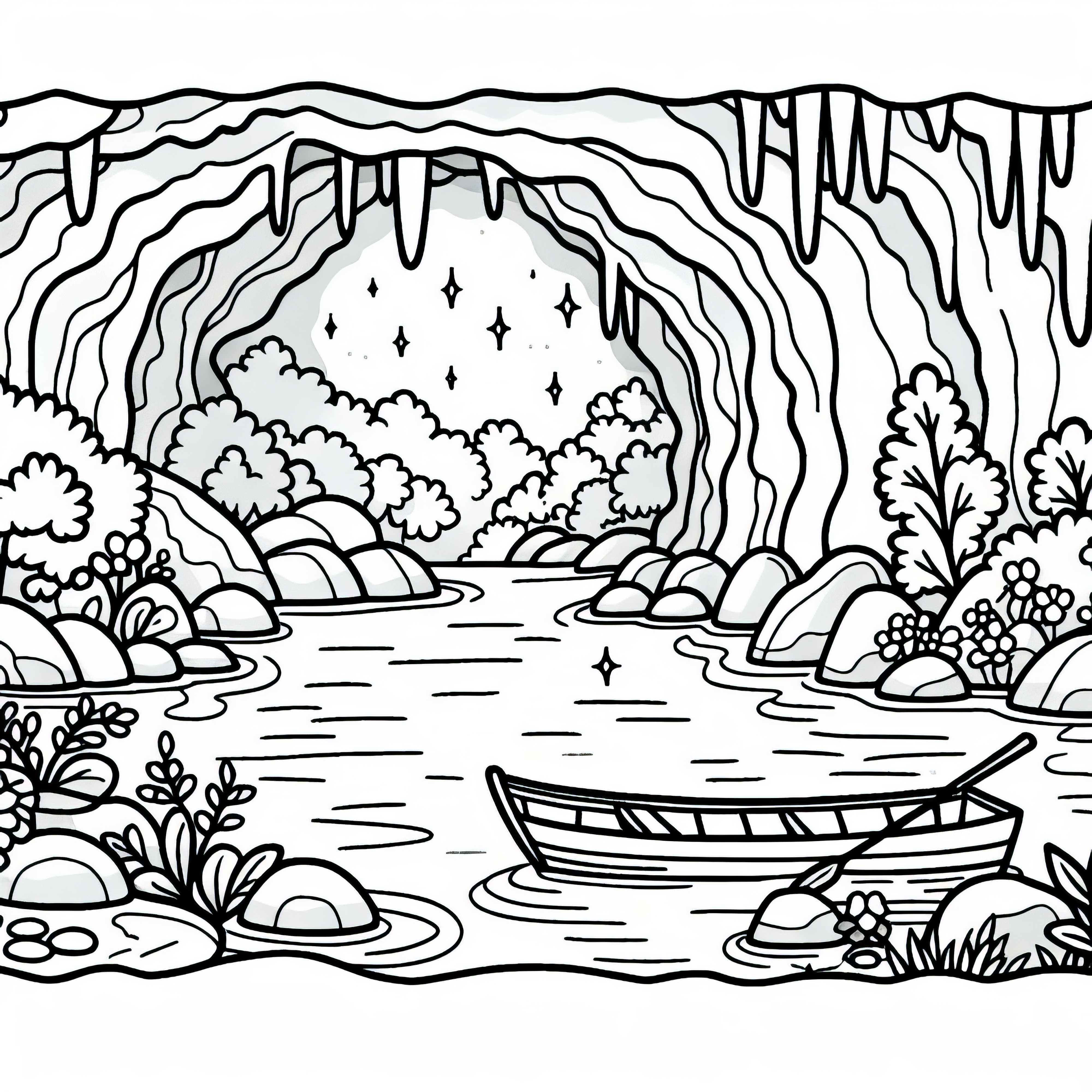 Unterirdischer Fluss mit Boot in H&ouml;hle &ndash; Ausmalbild kostenlos