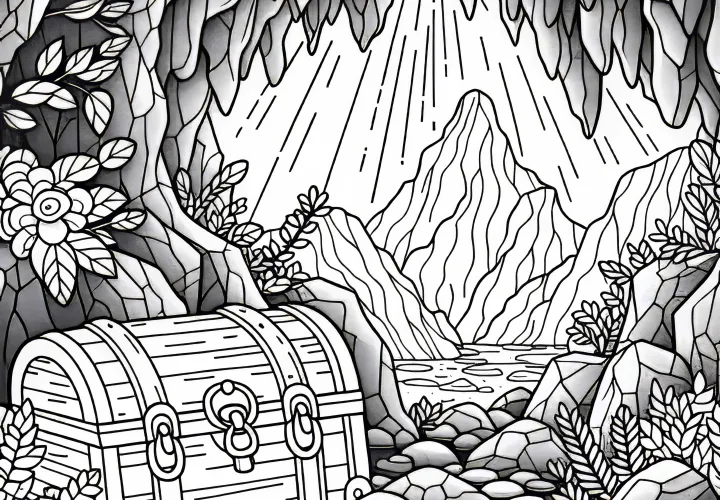 Hidden treasure in the cave – Free coloring page