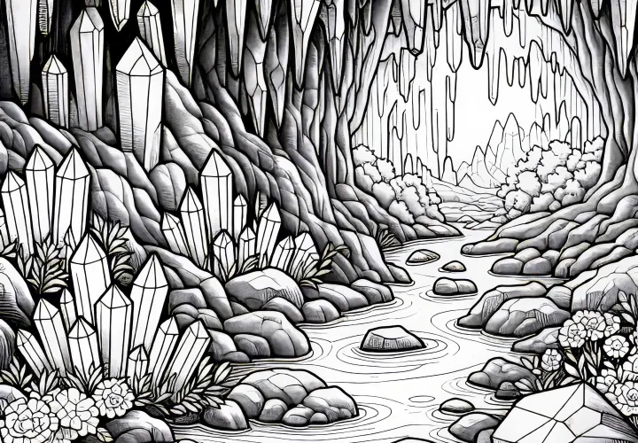Crystals glow in the dim light of the cave – free coloring template