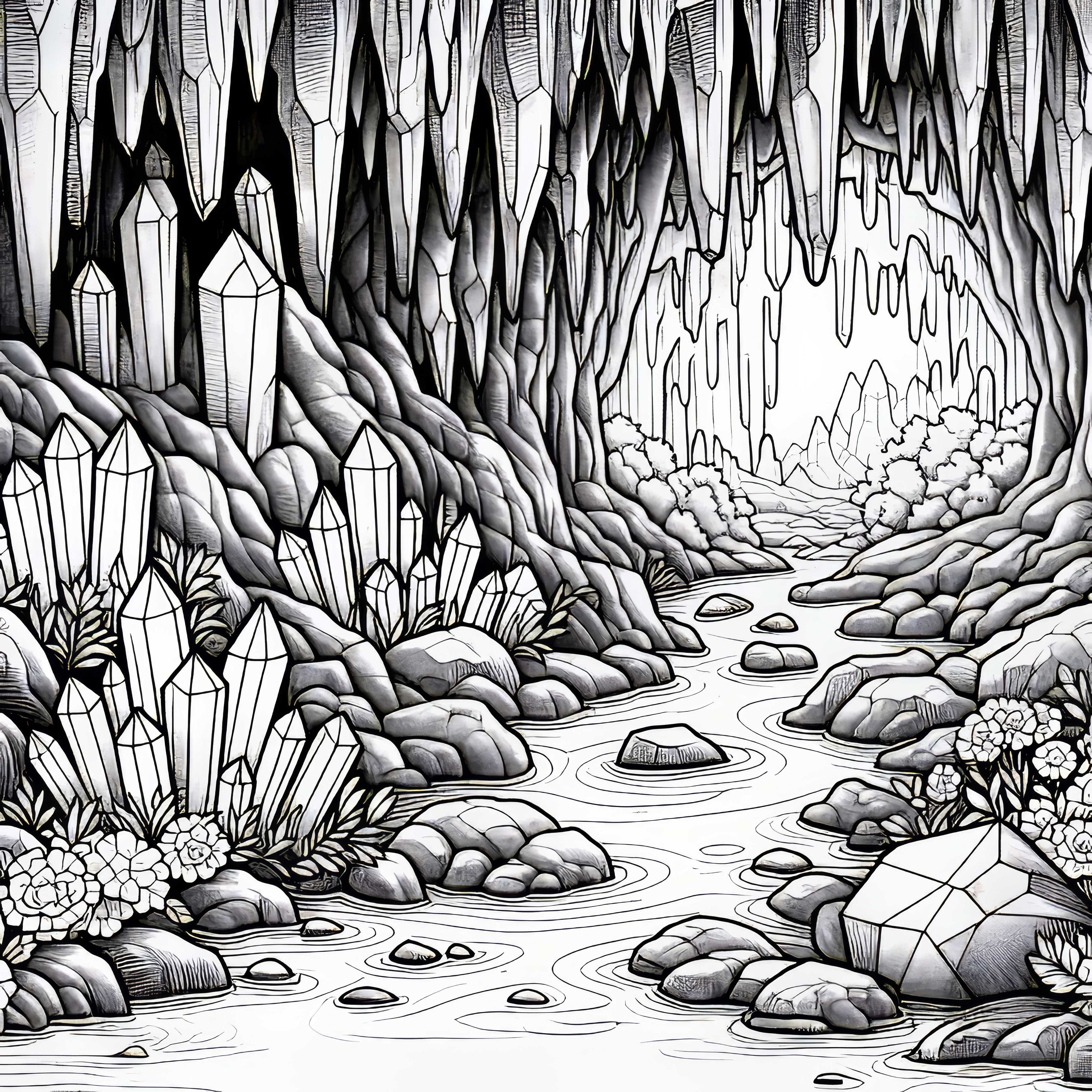 I cristalli brillano nella penombra della grotta - modello da colorare gratuito