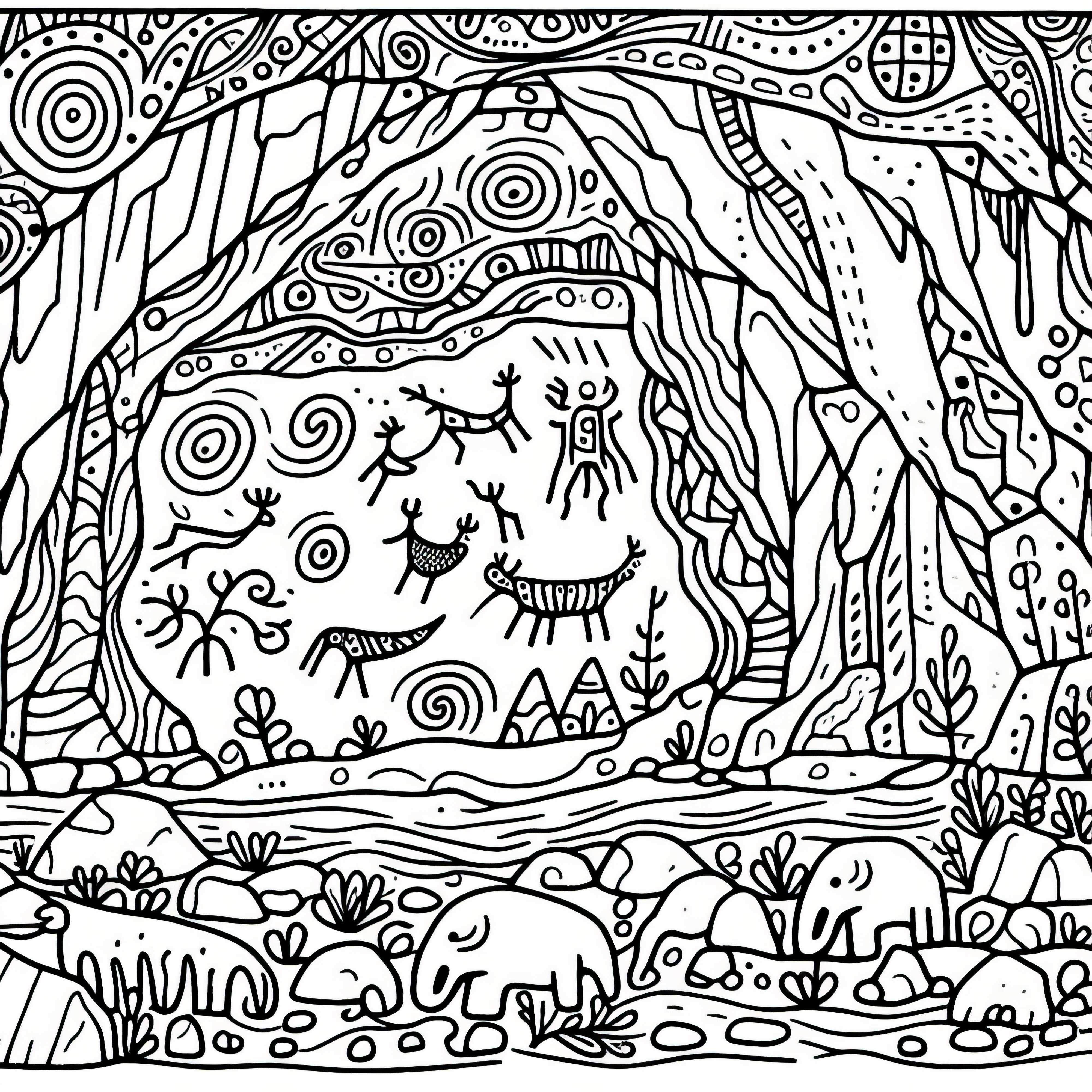 Modello da colorare di alta qualità con disegni su parete di grotta Disegno da colorare di alta qualità con illustrazioni su parete di caverna