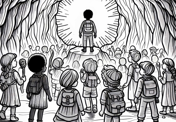 I bambini esplorano una caverna magica - Modello da colorare gratuito