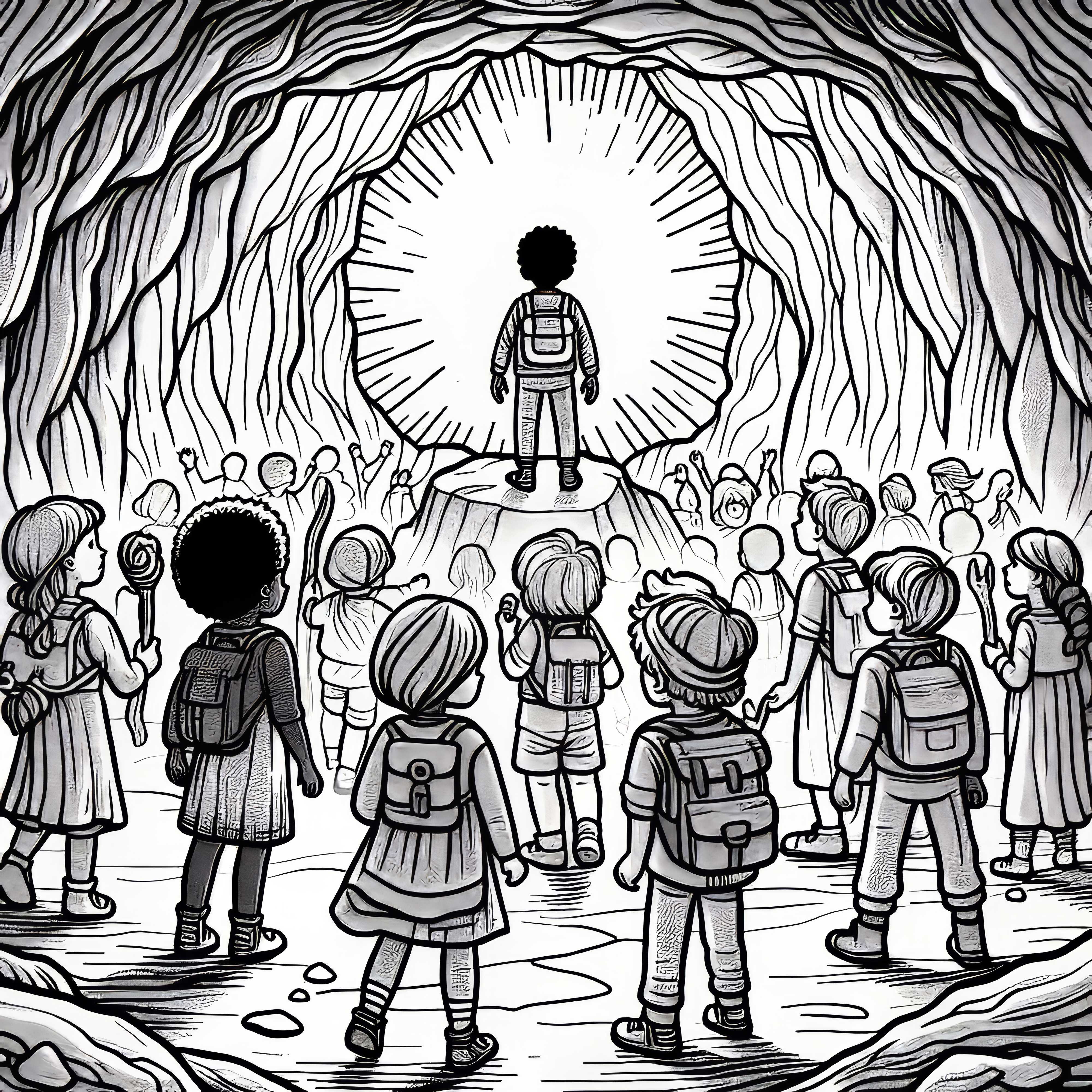 I bambini esplorano una grotta magica - Disegno da colorare gratis I bambini esplorano una grotta magica - Modello da colorare gratuito