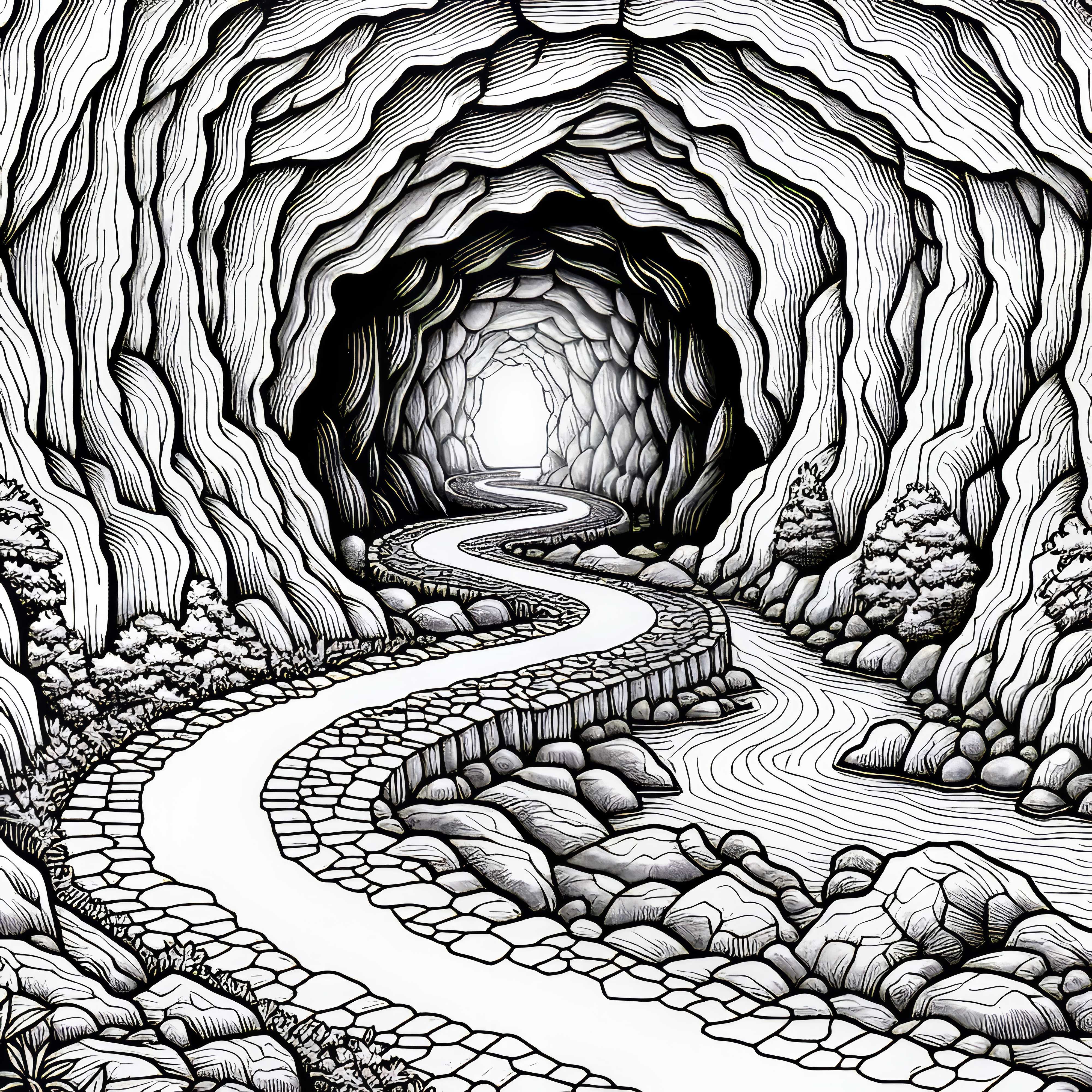 Il corridoio conduce nel profondo di una grotta – Modello da colorare gratuito