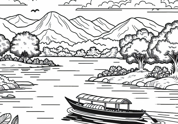 Boat floats on calm river - Coloring page free of charge