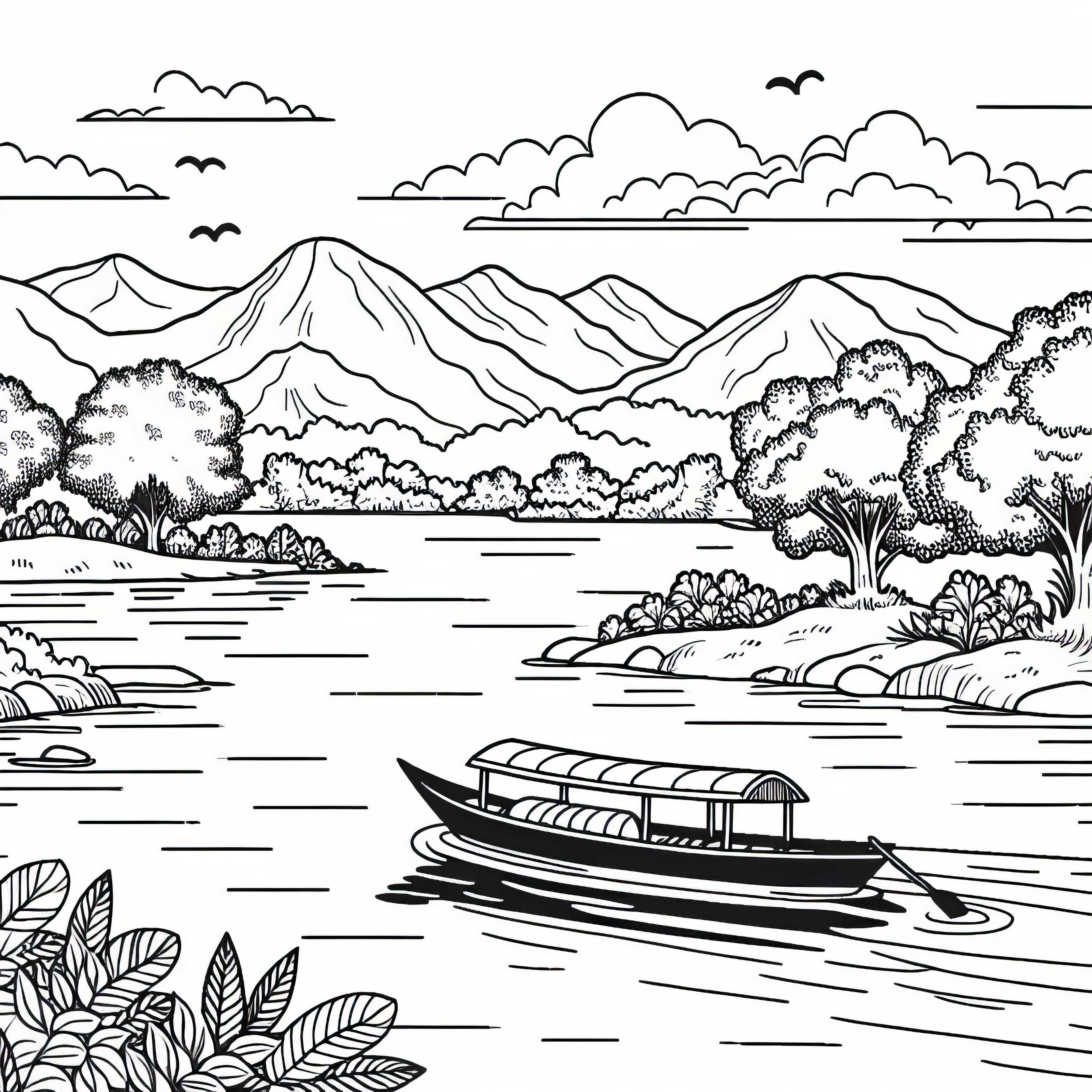 Boat floats on calm river - Free coloring page