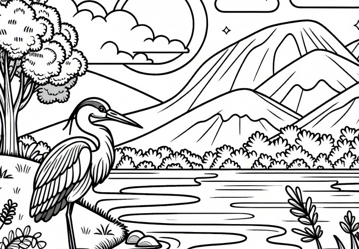 Heron stands on the shore and observes the water of a river landscape – coloring template free