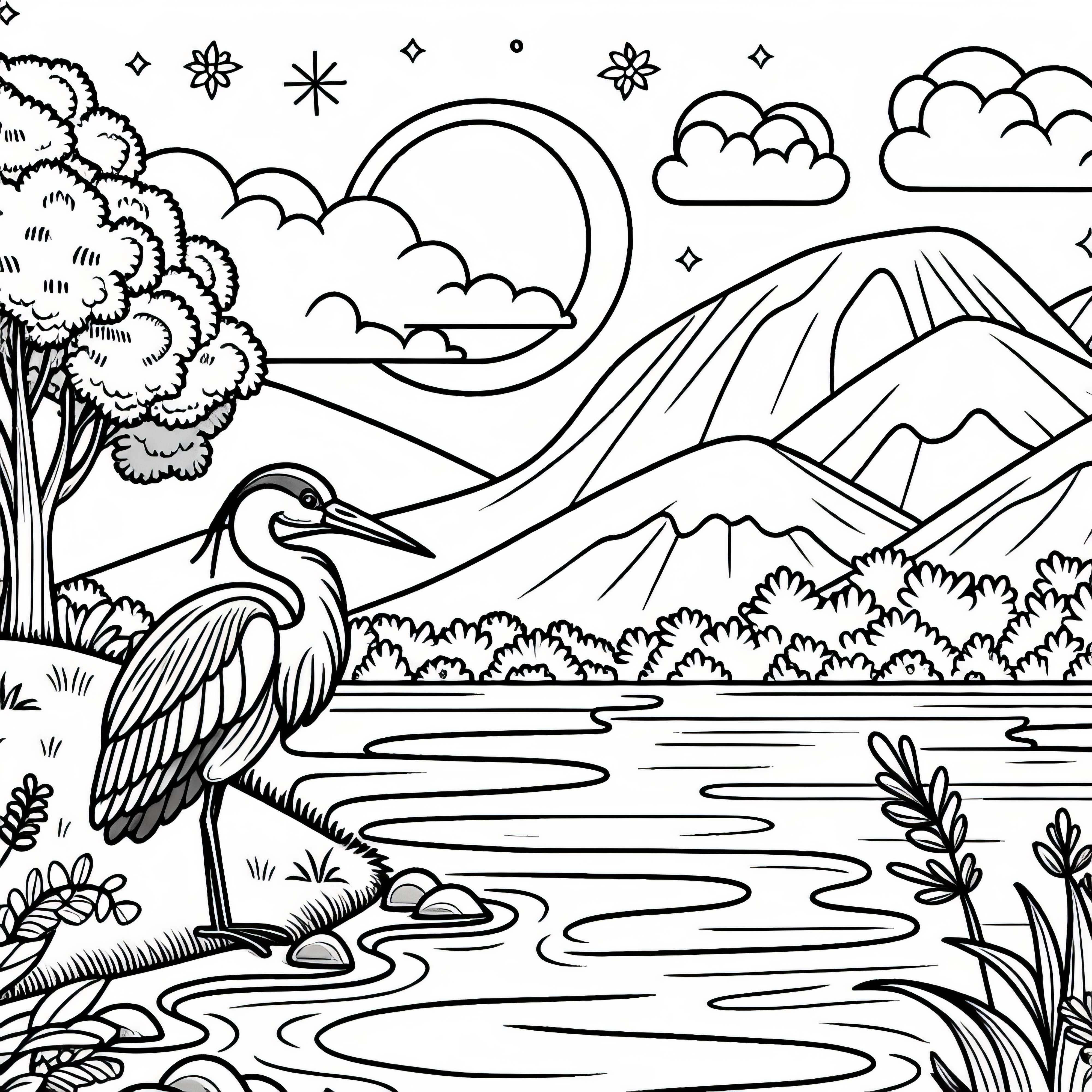 Heron stands at the shore and observes the water of a river landscape - free coloring page