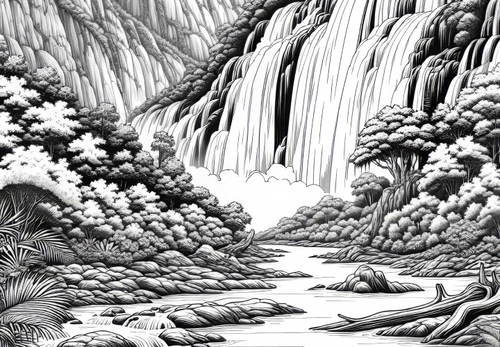Waterfall Pours Into River of a River Landscape: Free Coloring Page