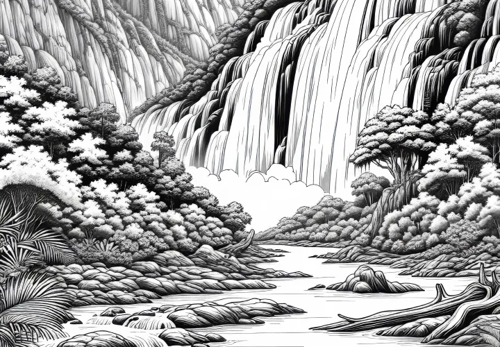 Waterfall Pours Into River of a River Landscape: Free Coloring Page