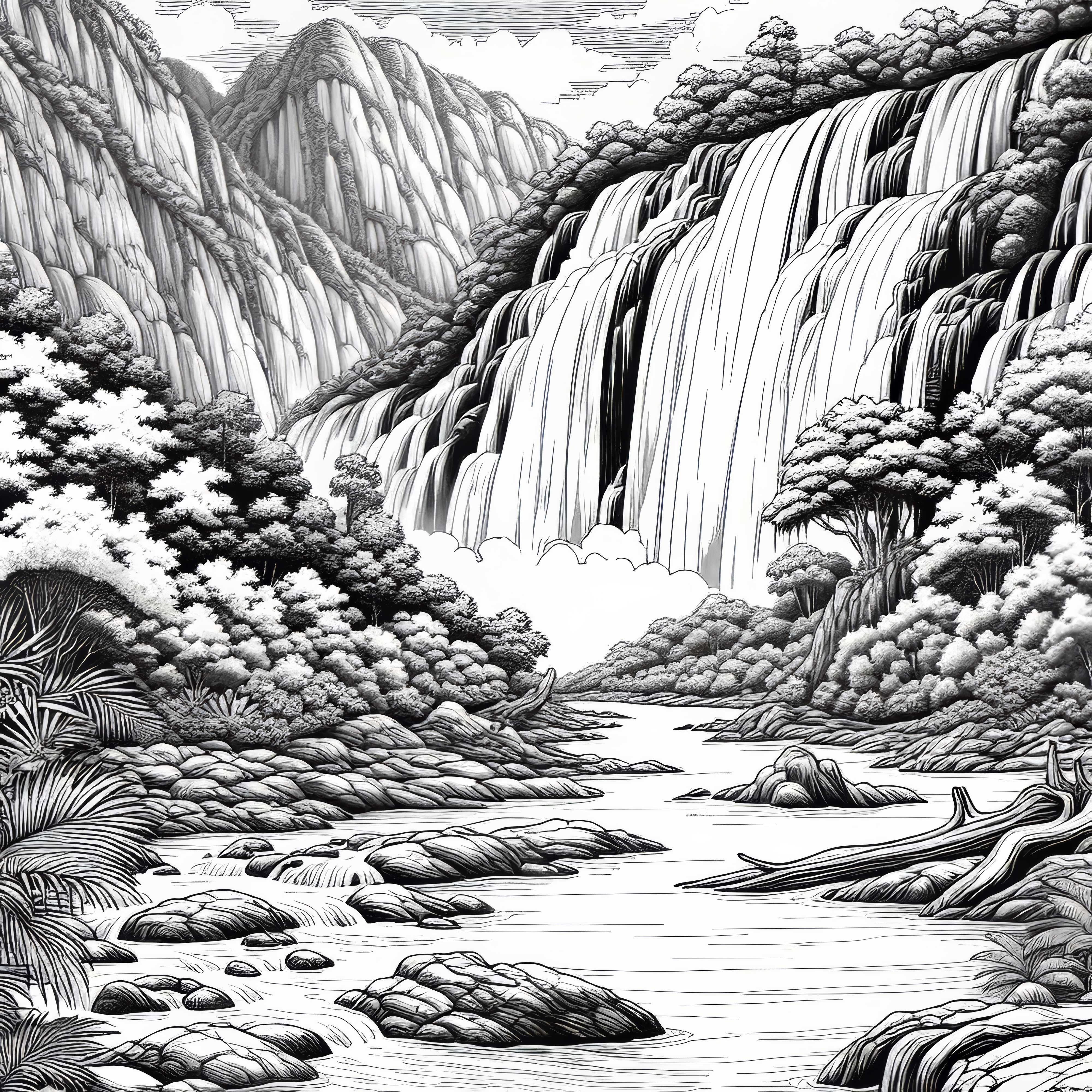 Waterfall Pouring Into River of a River Landscape: Free Coloring Page