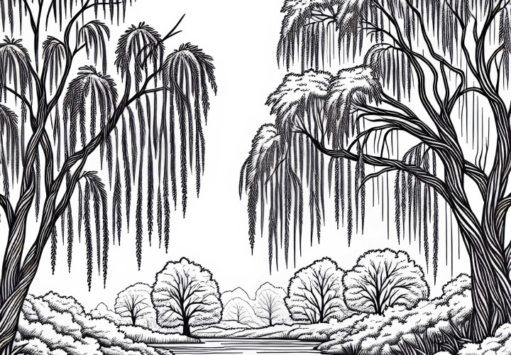 Willow trees hang over water in a river landscape - free coloring page