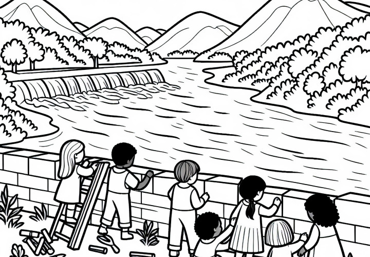 Children Build Dam in River Landscape - Free Coloring Page