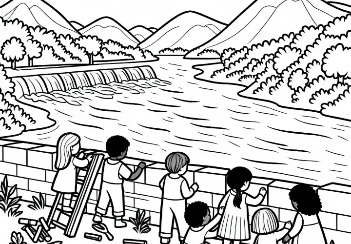 Children Build Dam in River Landscape - Free Coloring Page
