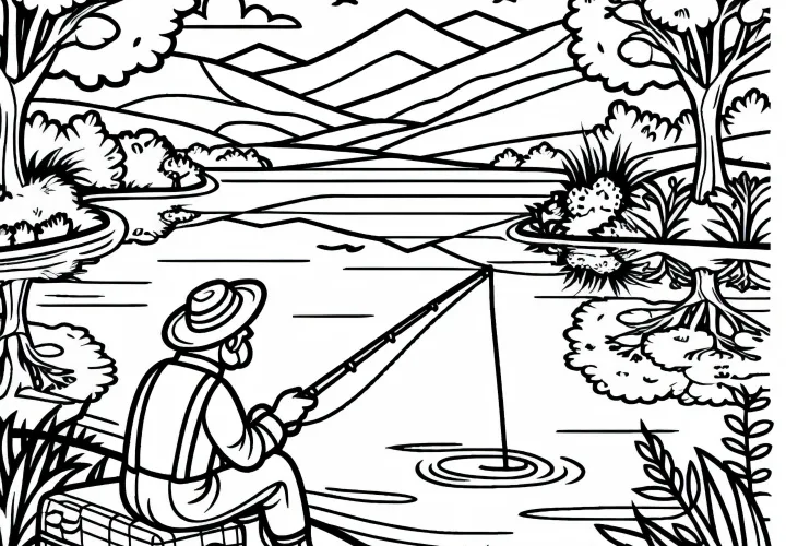 Fisherman sits with a rod on the shore of a river landscape – Free coloring template