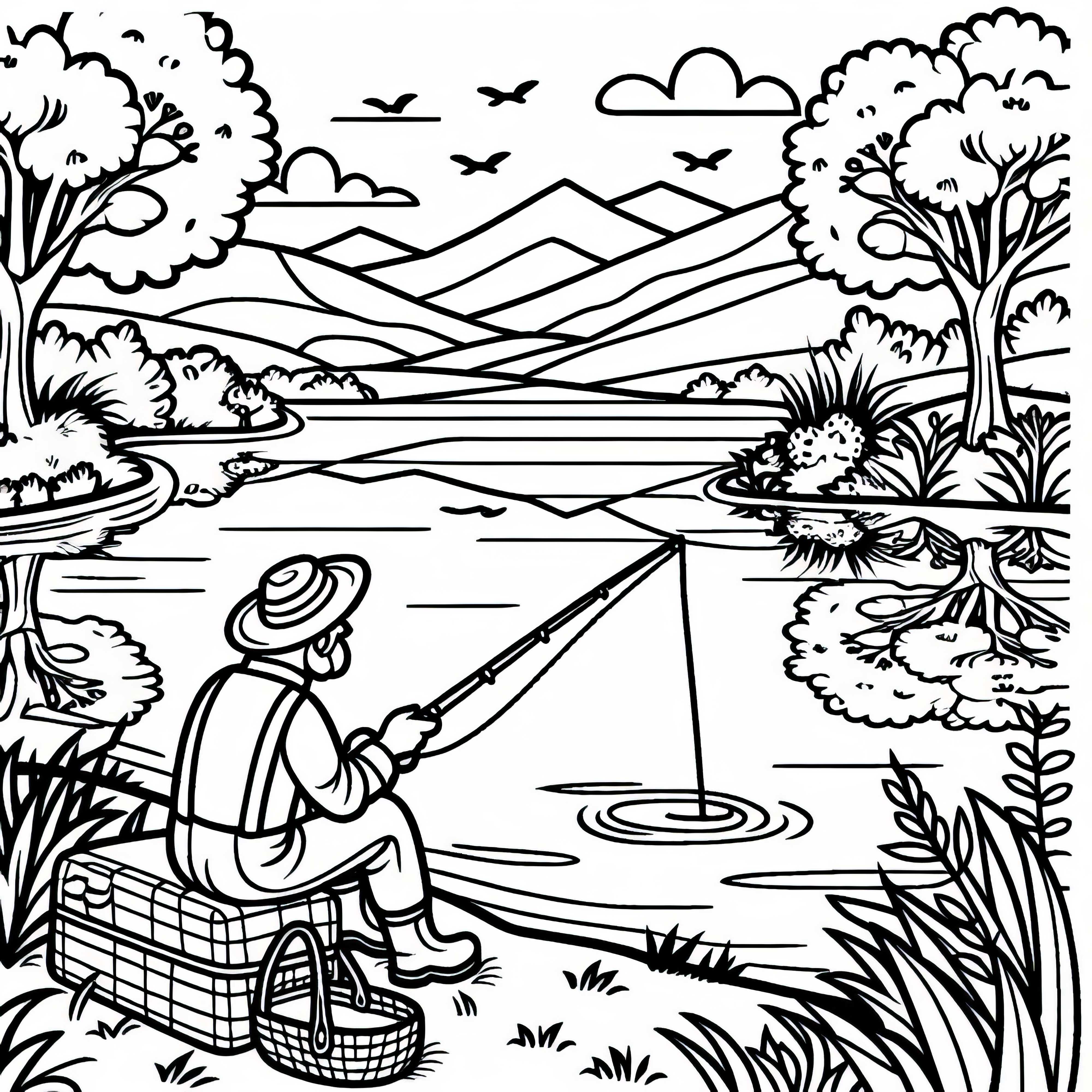 Angler sits with a rod on the bank of a river landscape - free coloring page