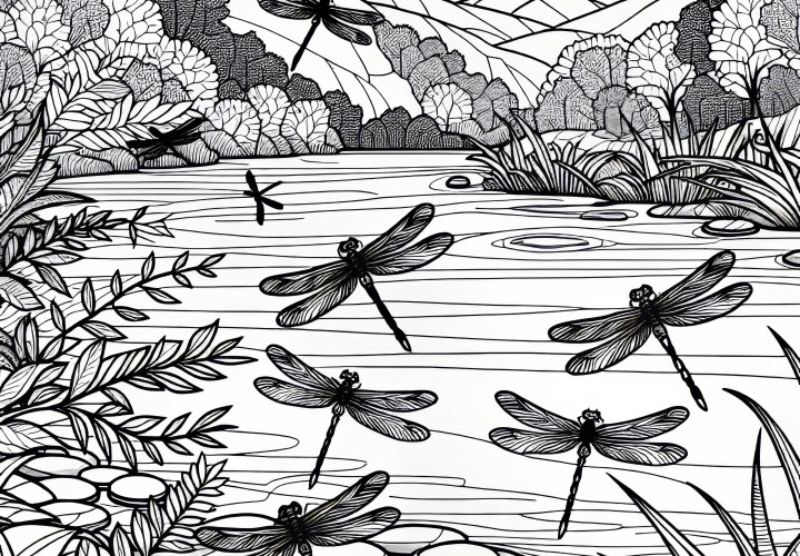 Dragonflies fly over water in a river landscape – free coloring page