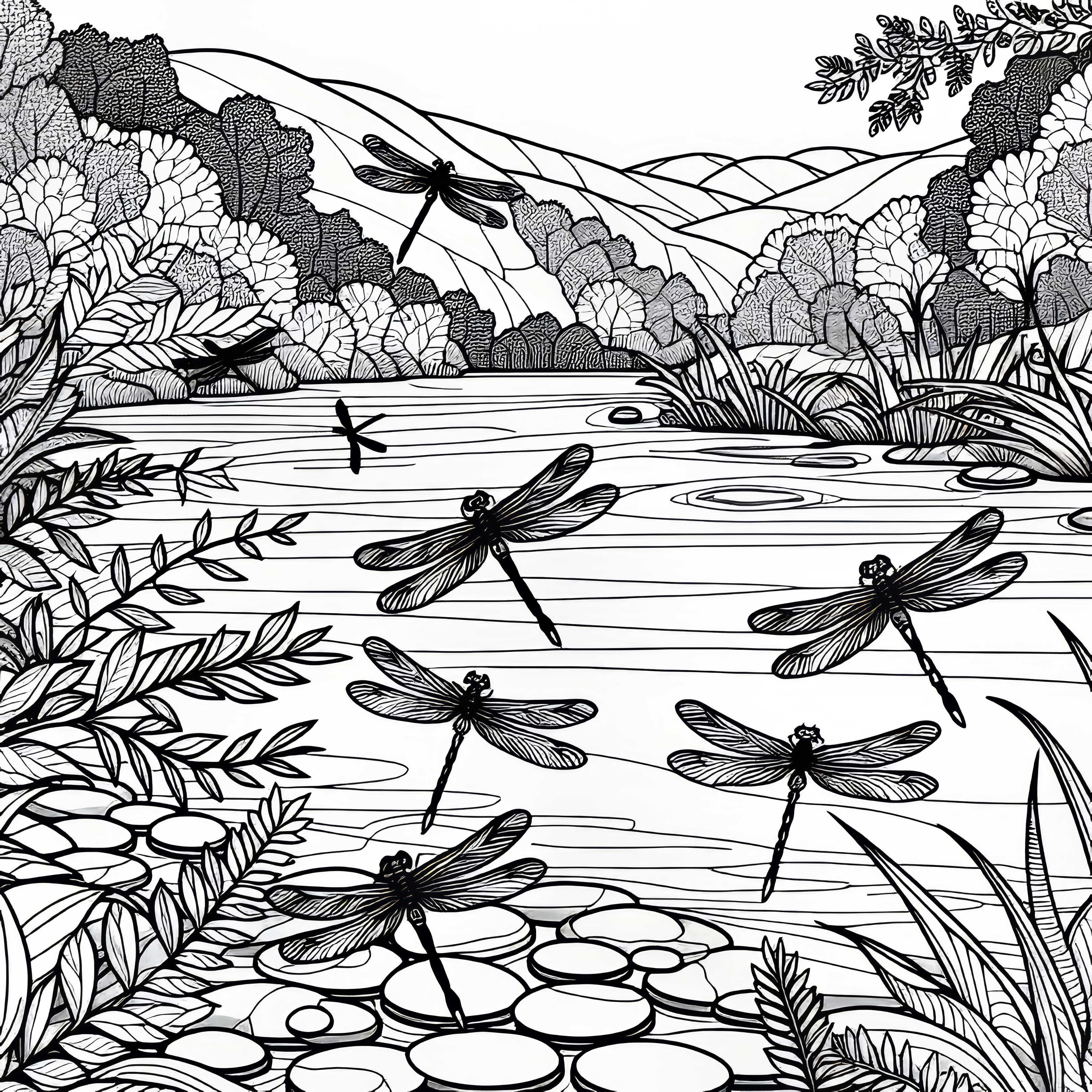 Dragonflies are flying over the water of a river landscape - free coloring page