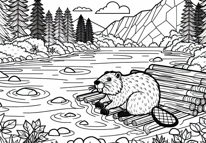 Beaver builds a beaver castle in a river landscape - Free coloring page
