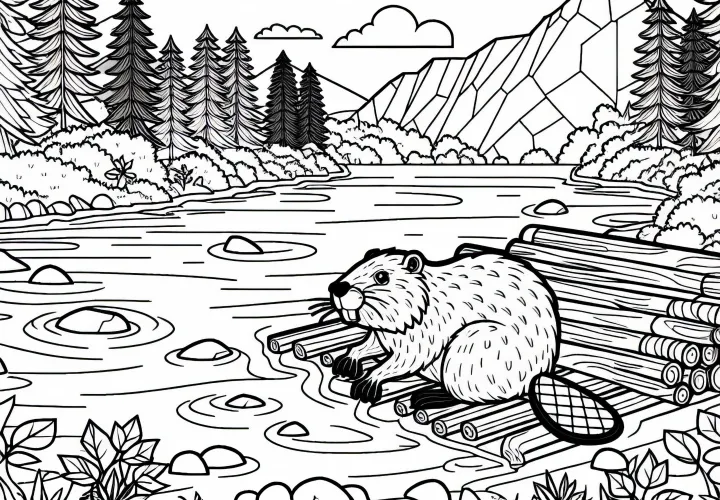 Beaver builds a beaver castle in a river landscape - Free coloring page