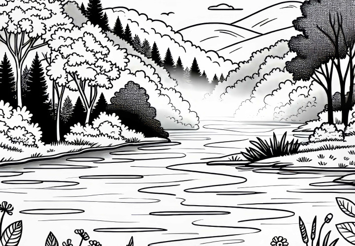 Nebel steigt frühmorgens über Flusslandschaft auf – Malvorlage kostenlos