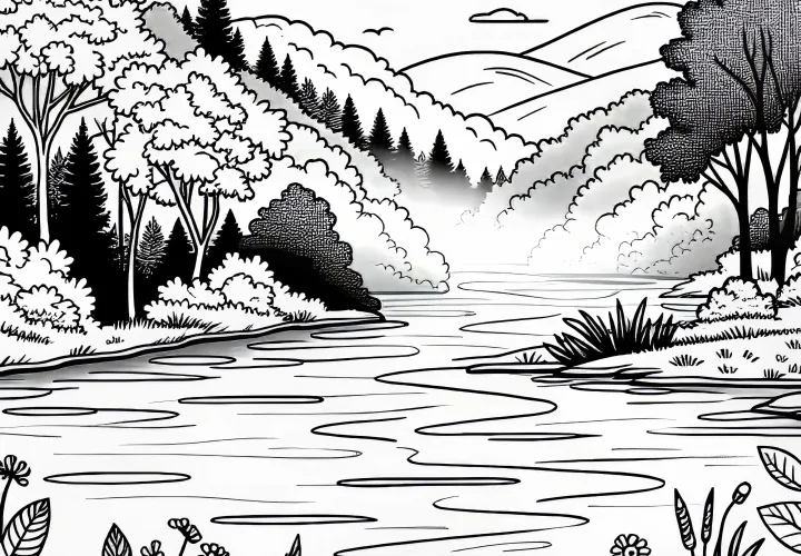 Nebel steigt frühmorgens über Flusslandschaft auf – Malvorlage kostenlos